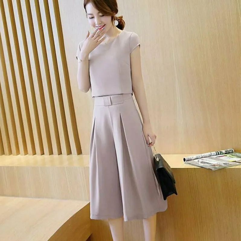 Women Business Suit 2 Piece Set Female Office Work Wear Chiffon Shirt Tops and Wide Leg Pants | Женская одежда