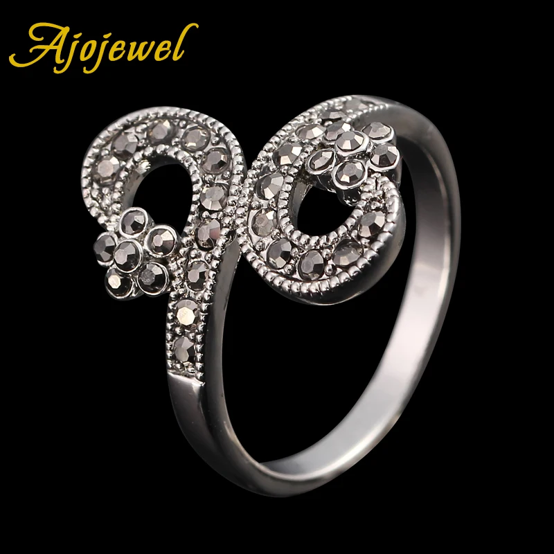 Женское Винтажное кольцо Ajojewel черное с двойным цветком стразы|Кольца| |