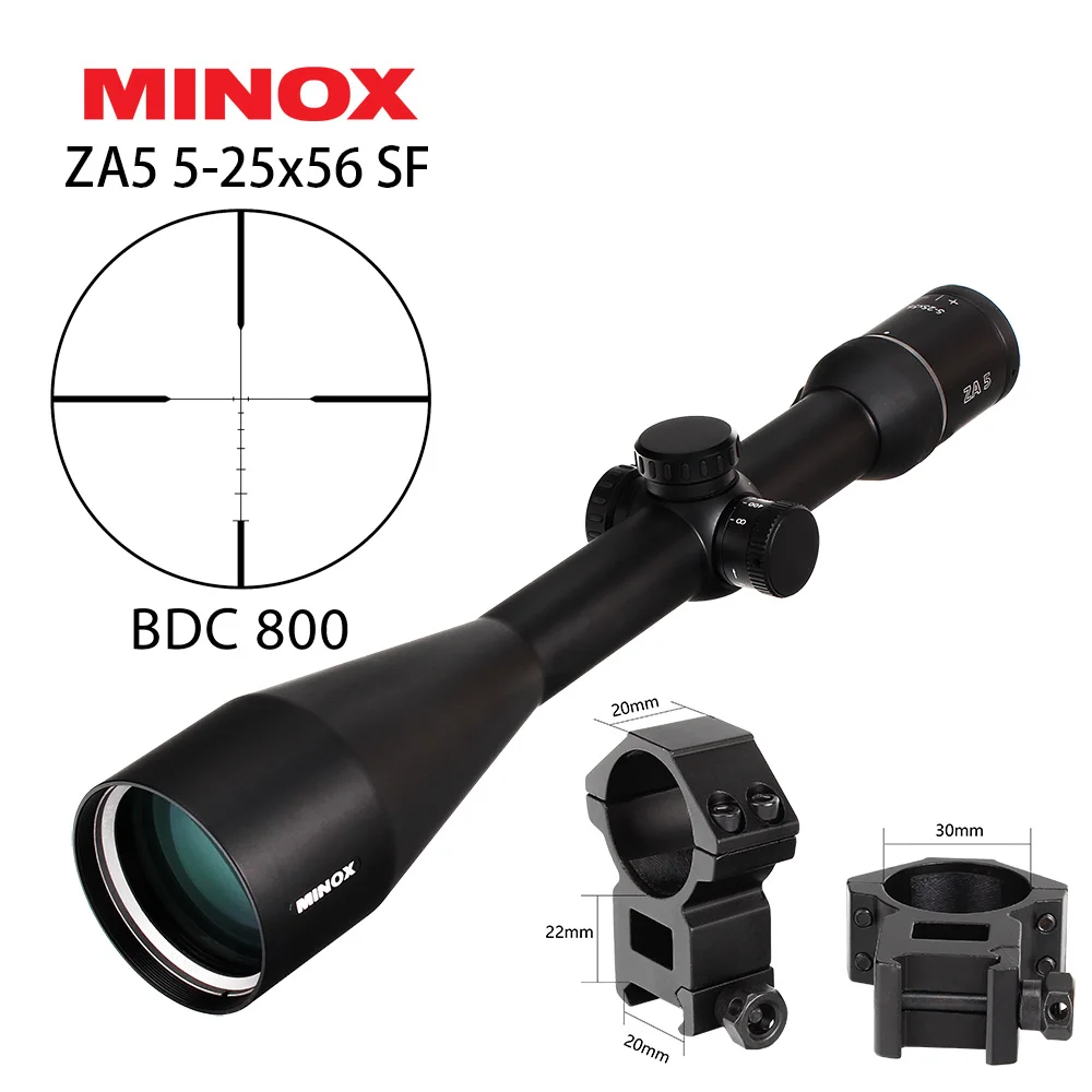 with Picatinny Rings MINOX ZA5 5-25x56 SF прицелы для охоты 30 мм трубки BDC 800 сетка Боковая регулировка параллакса тактический съемки с прицела кольца - Цвет: with Picatinny Rings