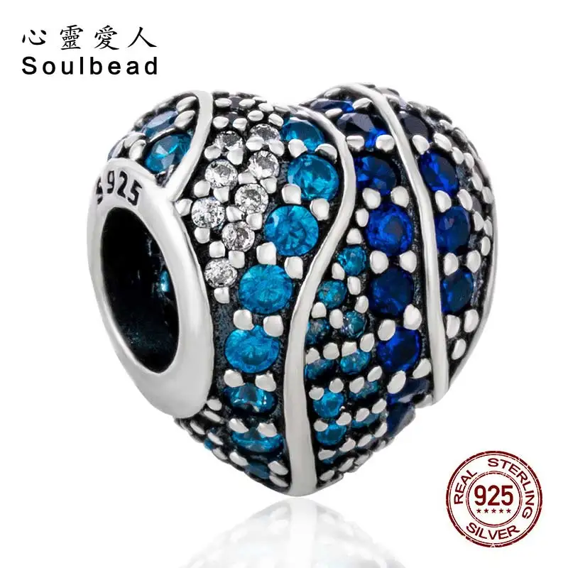 Soulbead Аква Сердце прозрачный и Синий Циркон Шарм бисера Fit Pandora браслет для DIY