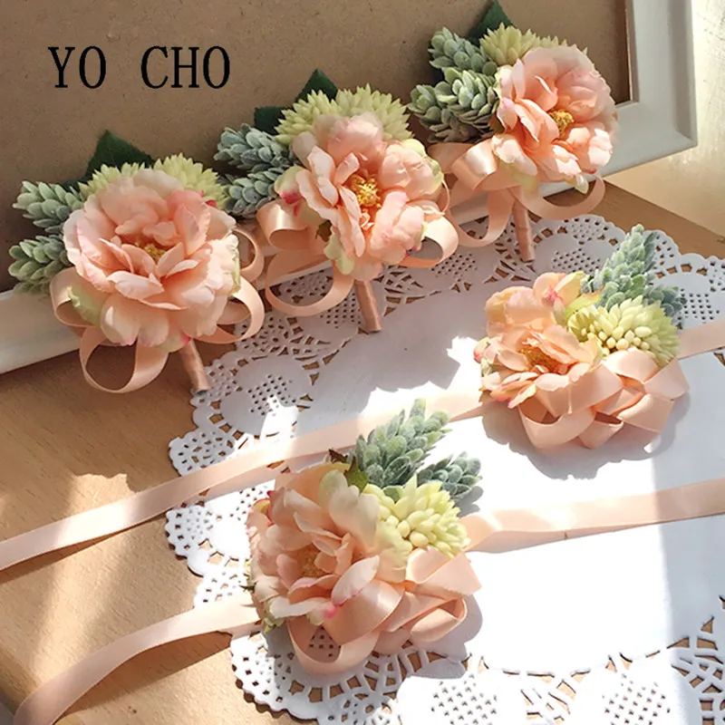 

YO CHO Handmade Wedding Corsages Groom Boutonniere Bride Bridesmaid Hand Wrist Flower Artificial Flowers Prom Corsage