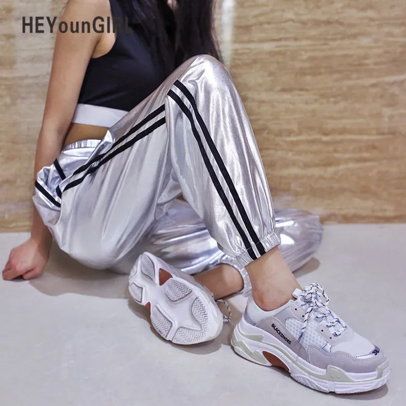 HEYounGIRL полосатые повседневные спортивные брюки серебряные танцевальные женские Брюки Высокая талия модные хип-хоп брюки женские свободные брюки Капри