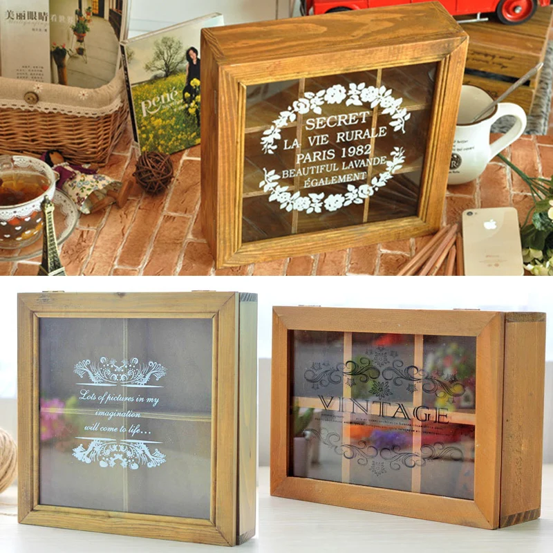 

Vintage Jewelry Storage Glass Showcase Box Wooden Doll Storage Box With Different Lattices Creative Home Decoration