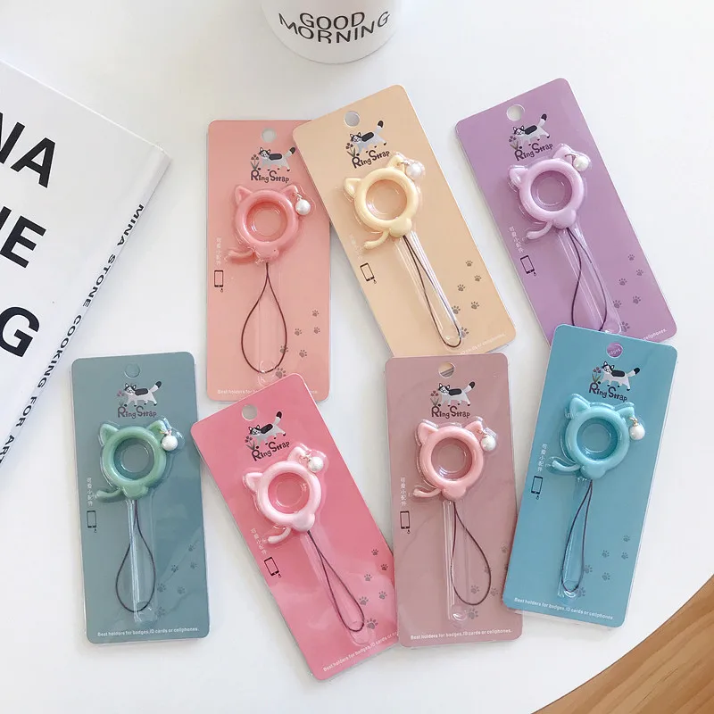 Cute cat pearl Universal Mobile Phone Ring Finger Strap Charm Lanyard Silicone Macaron Kwaii Loop Phone Unique Soft For IPhone