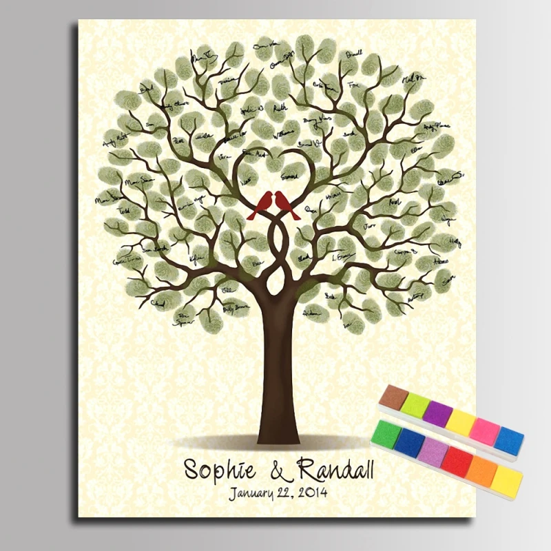Свадебная Гостевая книга зеленый любят птицы дерево с отпечатками пальцев