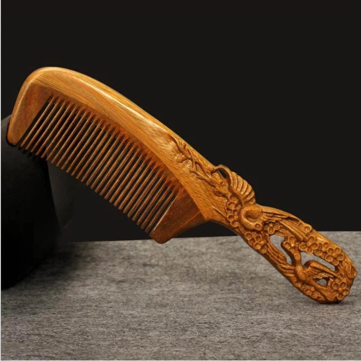 Резная ручка зеленая сандаловая деревянная расческа для волос Happy Magpie Craft