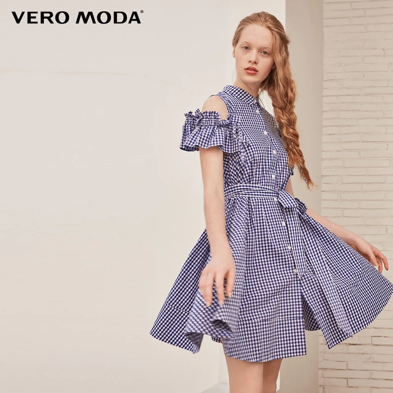 Vero Moda клетчатое платье трапециевидной формы со шнуровкой и открытыми плечами из хлопка | 31837B502