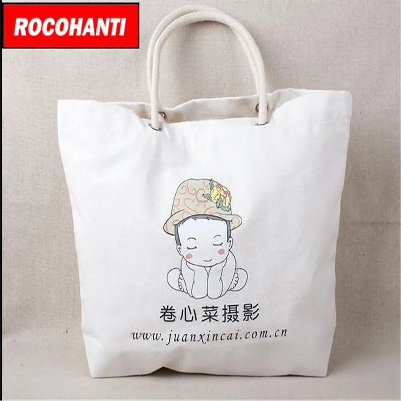 ROCOHANTI 50 шт. индивидуальный логотип сверхмощный Толстый холст хозяйственная сумка с веревочной ручкой F2111