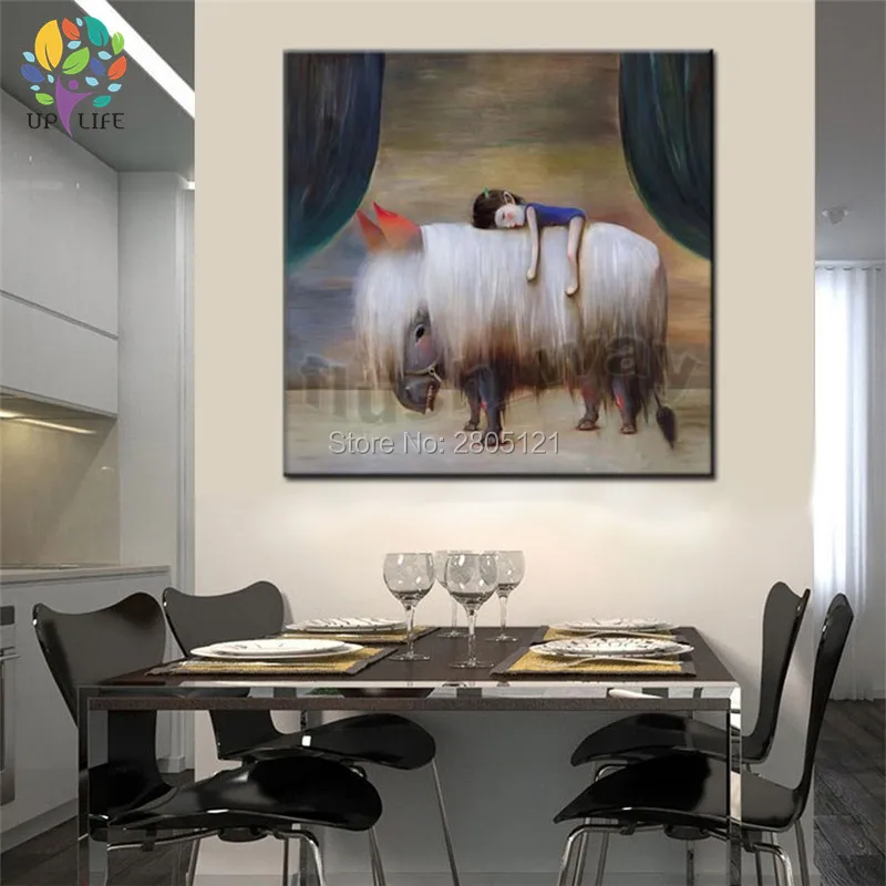hand painted chinese artist original painting little sleeping girl and the big pet unique design kids child room canvas art | Дом и сад