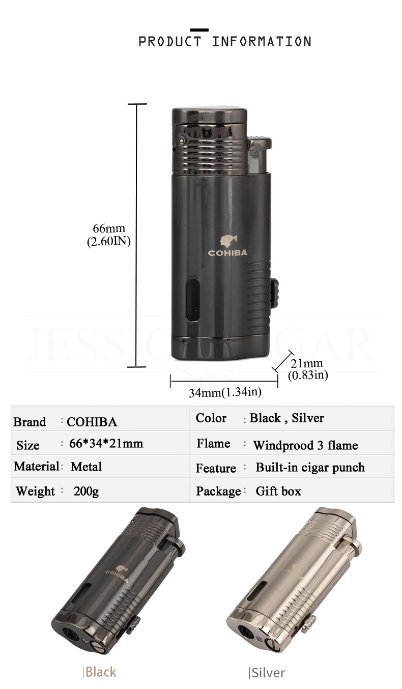 COHIBA зажигалка газовая бутан 3 пламя струйный фонарь зажигалки для сигарет ветрозащитная Мужская металлическая зажигалка для сигар многоразовая