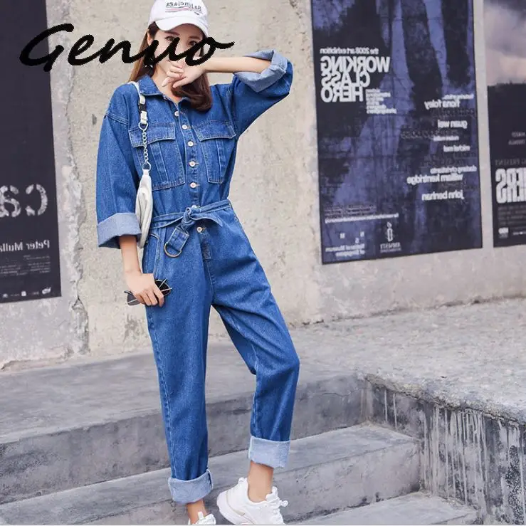 Женский джинсовый комбинезон Genuo элегантный в стиле ретро с длинным рукавом и