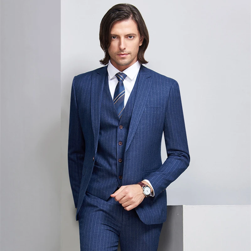 Мужской костюм в полоску 2019 Slim Fit Мужские свадебные костюмы бренд Темно-синие