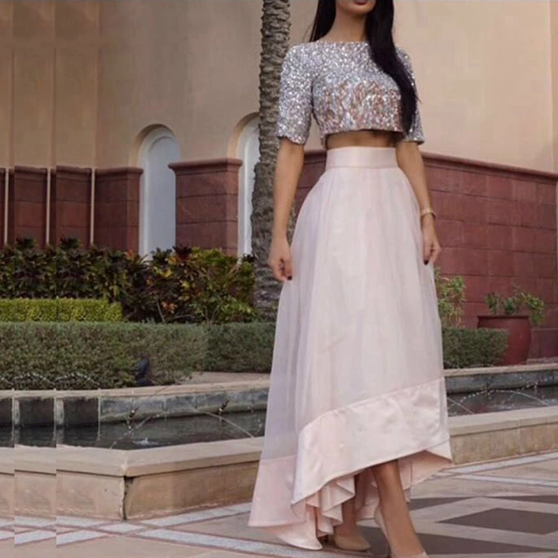 Женское платье из двух частей кружевное с высоким вырезом для выпускного вечера