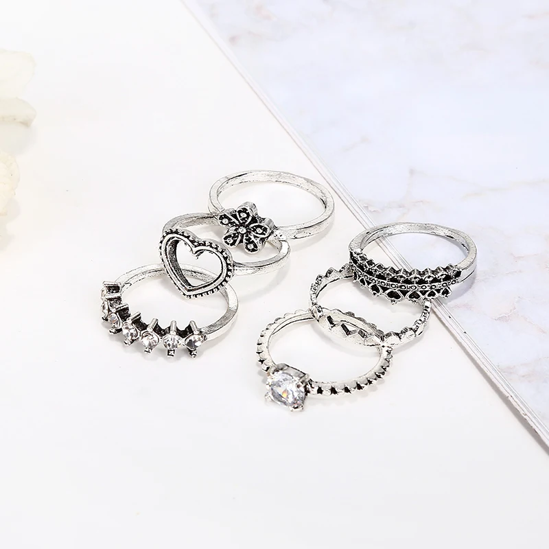 YAOLOGE Vintage Heart Flower Crown Shape Rings Sets for Women Girls Bohemian Carving Crystal Midi Knuckle 6 pcs/Sets | Украшения и