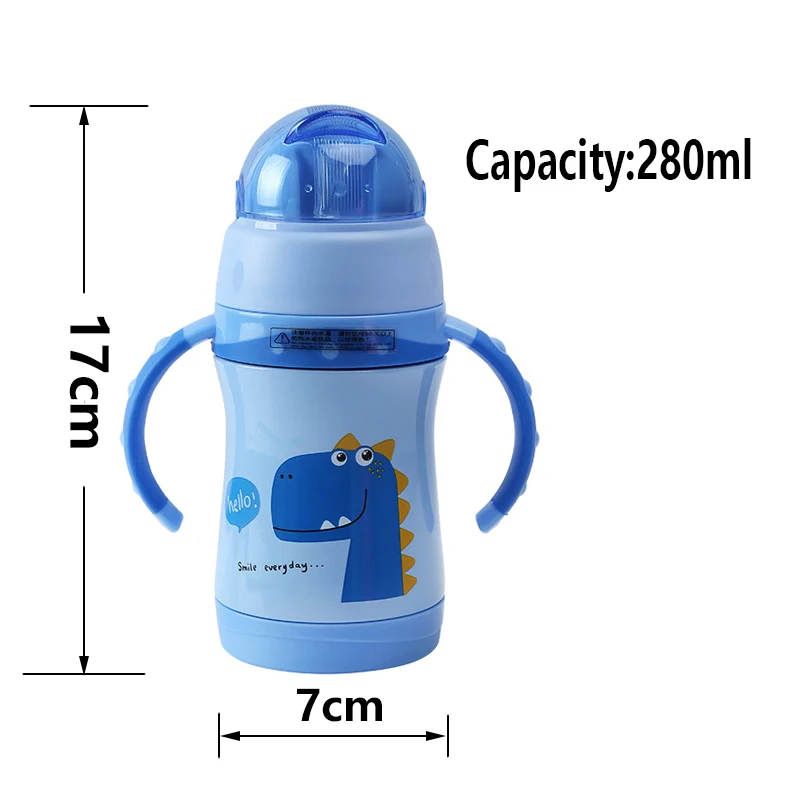 Wind flower Kids Water Bottle 280ml Nozzle And Straw Interchangeable Dual-use Cartoon Stainless Steel Vacuum Sippy Cup | Дом и сад