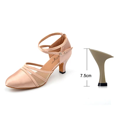 Apricot 7.5cm Ladingwu/Новинка; обувь для латинских танцев; женская обувь из атласа и сетки; Цвет абрикосовый, черный; Обувь для бальных танцев; обувь для соревнований с закрытым носком - Цвет: Apricot 7.5cm