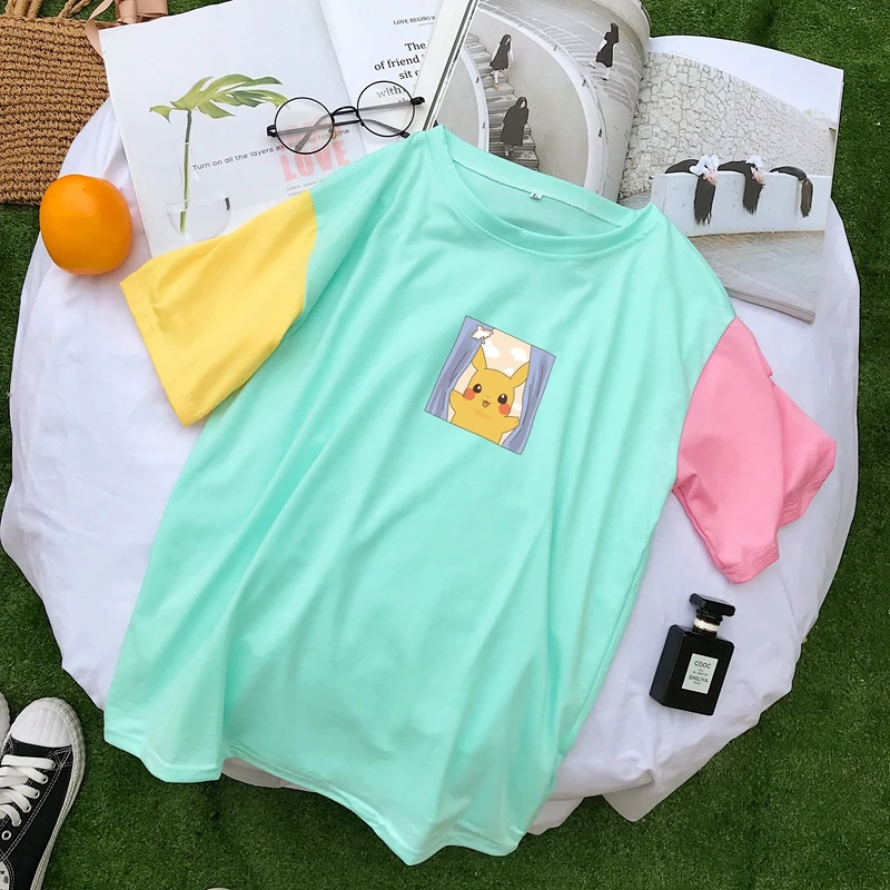 Пастельный цвет блок для женщин Harajuku футболка Kawaii с принтом в стиле Пикачу мультфильм Хлопок Лоскутная футболка Летняя уличная Kpop PSDX-121