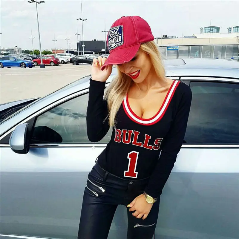 New Autumn Sexy Slim Bodysuits Women Letter BULLS Printing Overalls Club Jumpsuit Bodycon Playsuits Black Red | Женская одежда