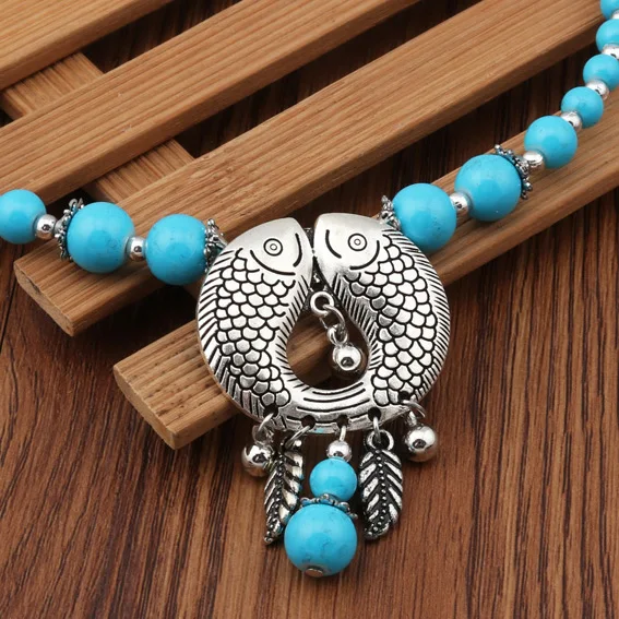 Btuamb Bohemian Natural Stone Beads Leaves Tassel Necklaces for Women Jewelry Vintage Double Fish Bib Bar Chain Bijoux | Украшения и