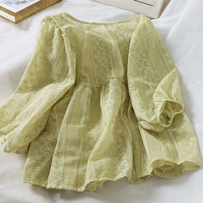 Женская зеленая блуза с крылом длинным рукавом кружевная блузка кроше шифоновый