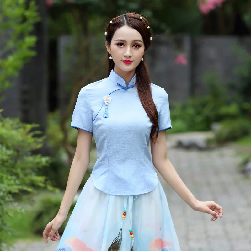 SHENG Коко китайский Винтаж Костюмы костюм Guzheng Cheongsam Чай топы, летний льняной костюм Традиционный китайский Стиль рубашки Для женщин