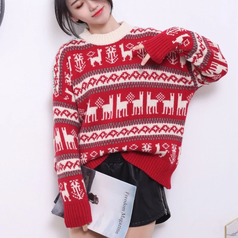 Winter Women Christmas Sweater with Deer Jacquard Korean O-neck Long Sleeve Pullover Thicken Warm Loose Casual knitted Sweaters | Женская