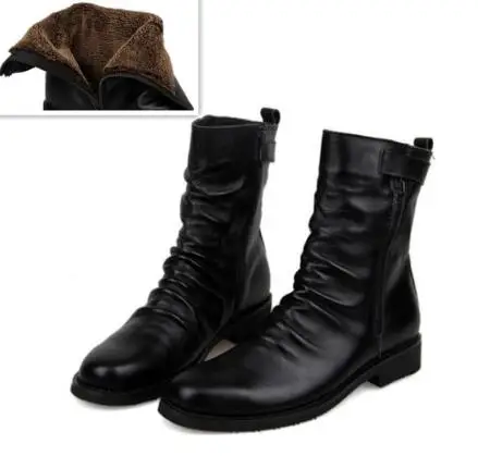 Black With Plush Зимние мужские короткие плюшевые ботинки; ботинки до середины икры из натуральной кожи; износостойкие осенние мужские военные ботинки; 03 - Цвет: Black With Plush