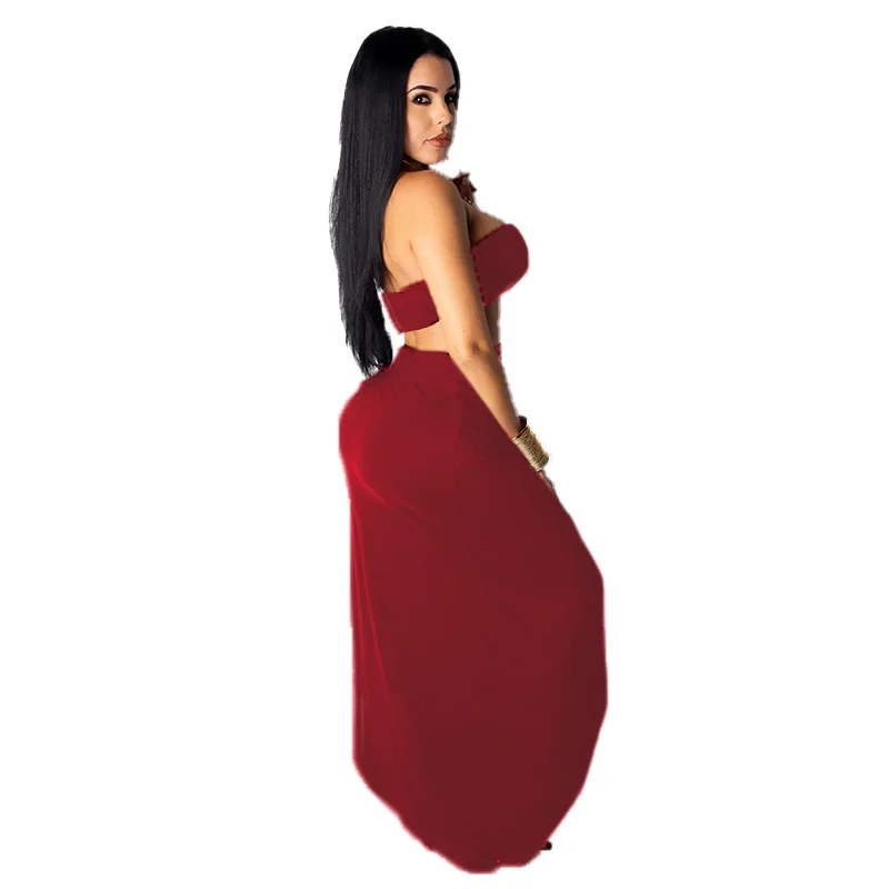 INMOTENG Women Beach Two Piece Set Midi Skirt Strapless Crop Top High Side Split Tie Up Maxi Skirts Suit Plus Size XXL Tracksuit |