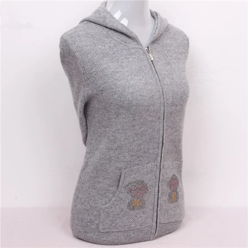 Высокое качество 100% козья шерсть кашемир женский кардиган с капюшоном на молнии