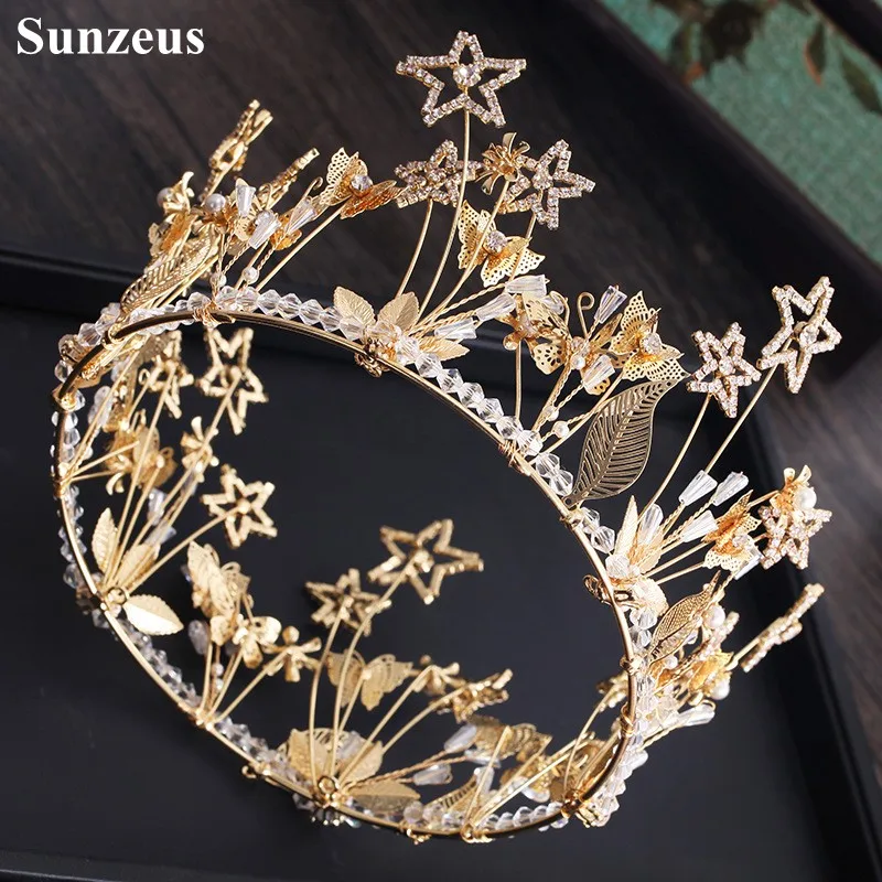 Gold Round Princess Headband for Bridal Shiny Stars Shape Leaves Gorgeous Women Hair Accessories gelin tac aksesuarlar SHA71 | Свадьбы и