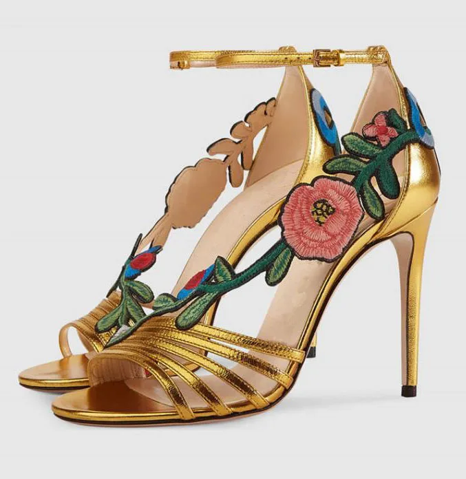 

Moraima Snc Flower Embroidery High Heel Sandals Gold Leather Peep Toe Ankle Strap Party Dress Heels Summer Sandals