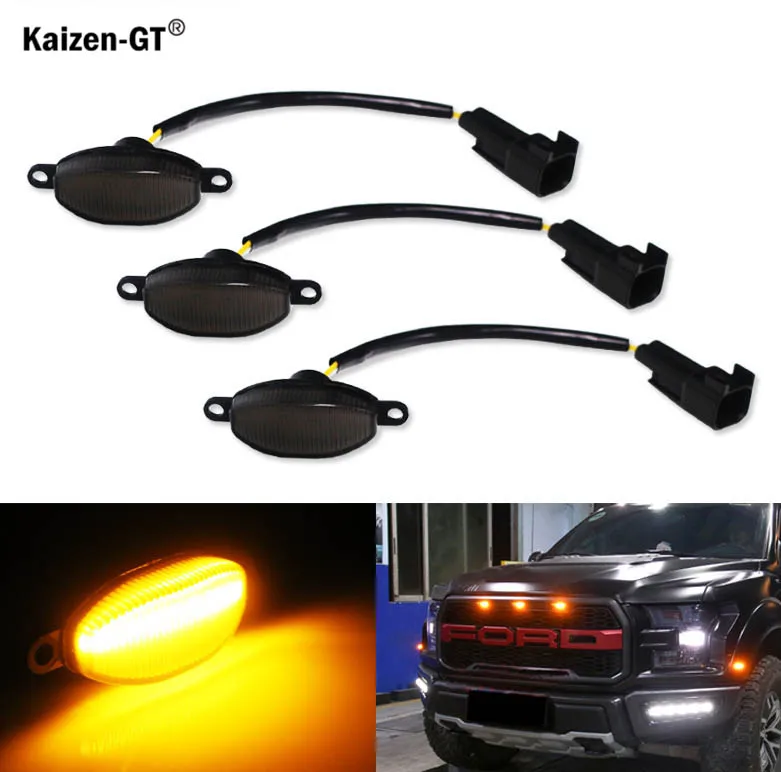 3pcs Smoked Lens White/Amber yellow 12-SMD LED Grille Lamps Front Grille Running Lights For 2010-2014 and 2017-up Ford Raptor