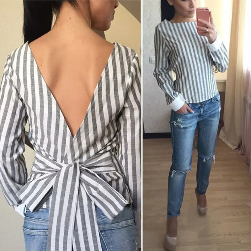 Женская блузка в полоску с бантом длинным рукавом и круглым вырезом | одежда