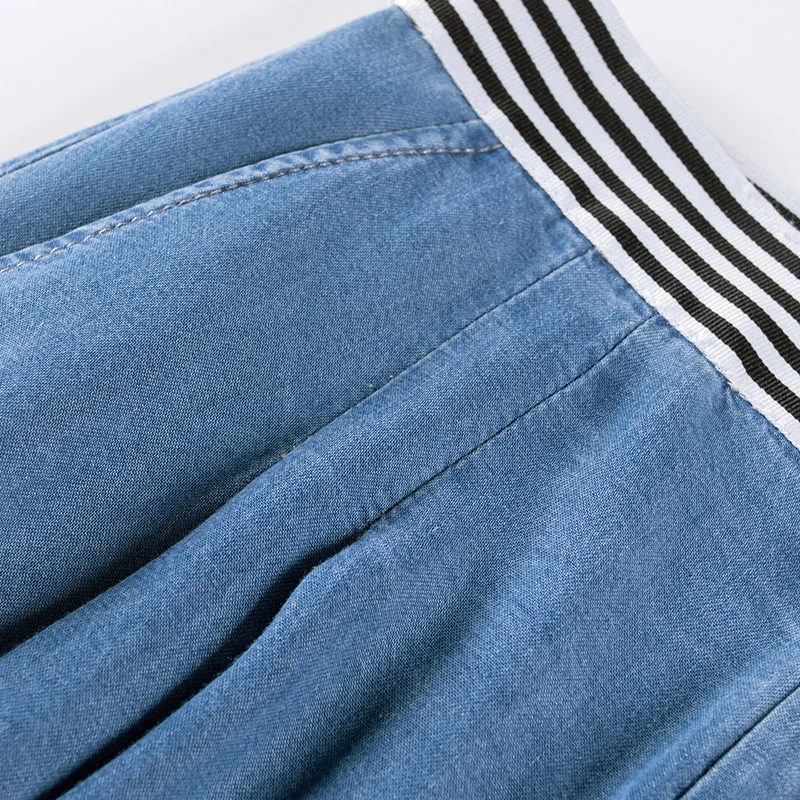 Женские свободные укороченные джинсы летние дышащие эластичные ленты с высокой