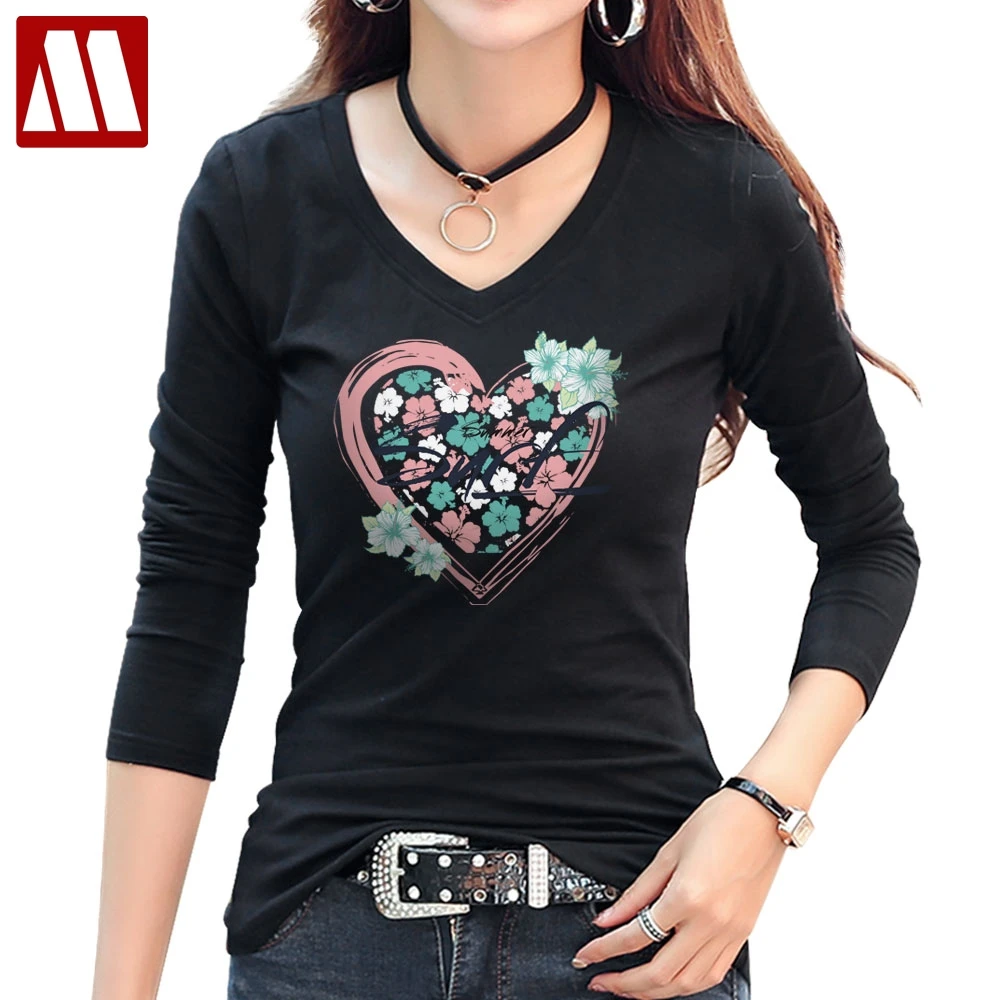 

New Arrivals Women Casual Floral T-shirt Fashion Heart Design Flower Printed T Shirt Ladies Cotton Long Sleeve V Neck Tee Shirts