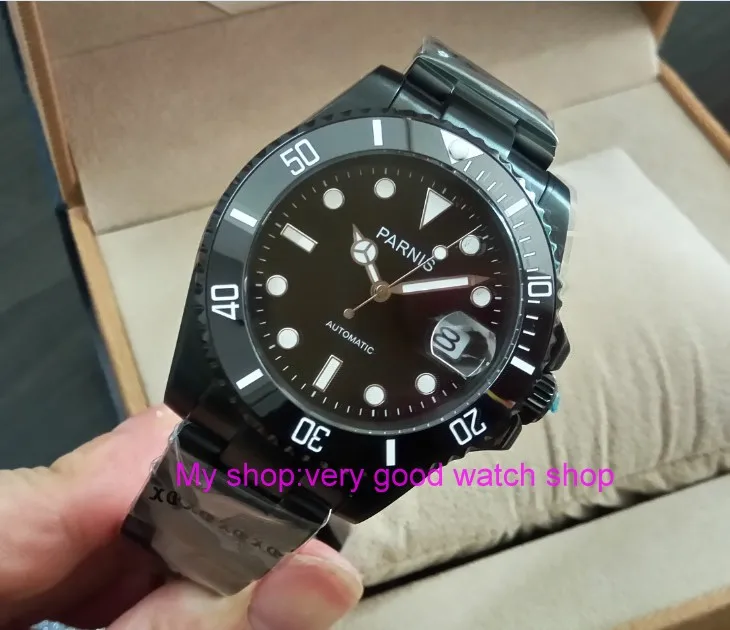 40 мм Parnis с сапфирами Crystal 21 jewels автоматический механизм движение черный