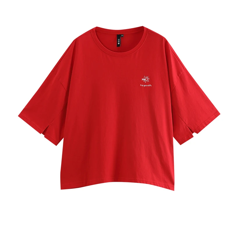red Toyouth Весенняя женская футболка с коротким рукавом, Повседневная одноцветная футболка с круглым вырезом, Новое поступление, женские хлопковые свободные топы больших размеров - Цвет: red