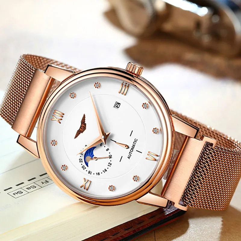 GUANQIN Automatic Watch Men Moon Phase Mens Mechanical Watches Top Brand Luxury Clock Stainless Steel Wristwatch reloj hombre | Наручные