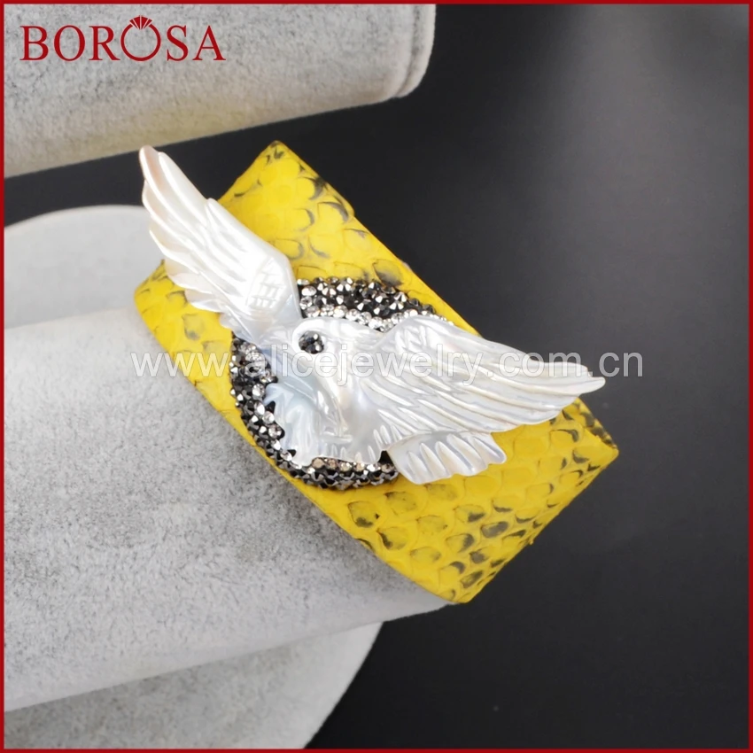 

BOROSA new white shell carved eagle bangle, yellow snakeskin handcrafted rhinestone pave soft cuff bangle for women JAB511