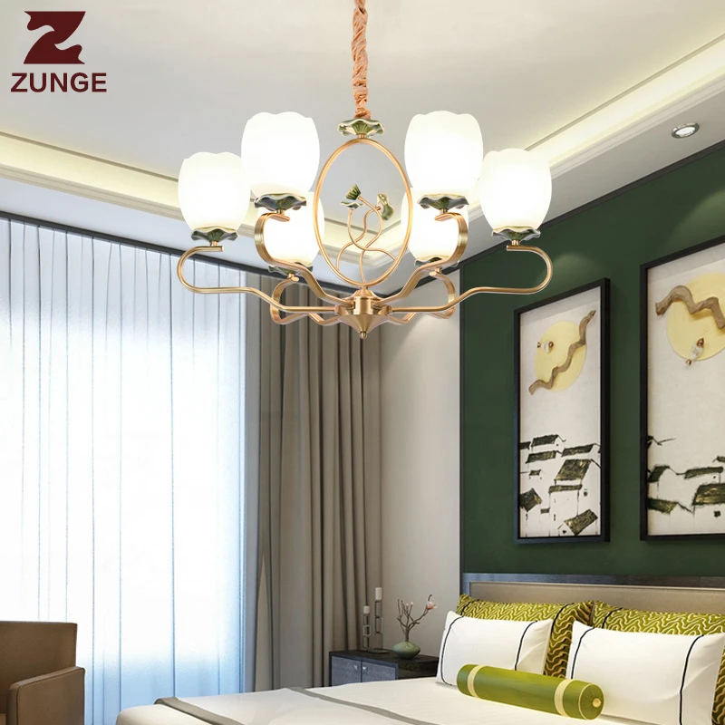 Modern Chinese style LED Chandelier Lights E313 in the Living Room large copper ceramic glass lighting fixtures lampadari | Освещение