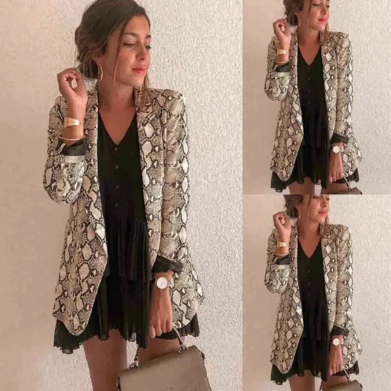 

Women Ladies Snakeskin Long Sleeve Suit Cardigan Coat Office Jacket casaco feminino