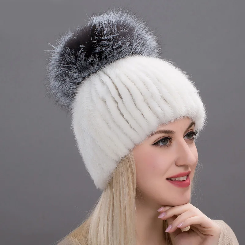 

Leather Mink Fur Hat Fashion Female Autumn and Winter Knitted Mink Fur Hoodies With Silver Fox Fur Fashion Brand Hat DHY 17-04
