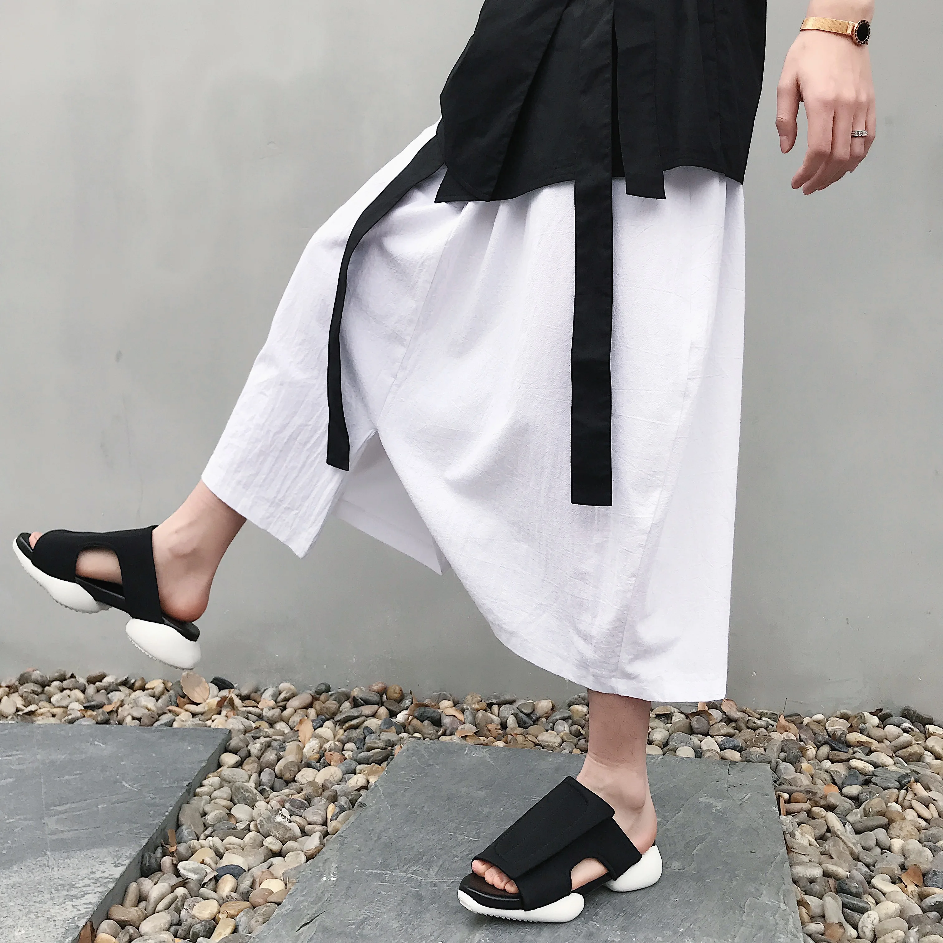 

M-XL!!Summer catwalk models irregular trousers design loose wide leg pants cropped pants tide brand cotton and linen thin sect.