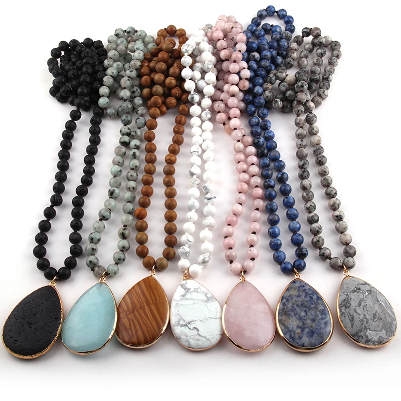 Fashion Bohemian Jewelry 8mm Stone Knotted Stone Drop Pendant Necklaces For Women Jewelry