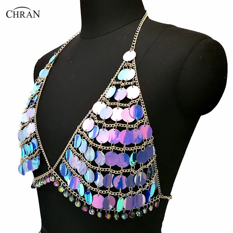 

Chran Seascale Gem Bra Bralet Womens Sequins Metal Chain Crop Tops 2018 Summer Harness Halter Necklace Nightclub Party Jewelry
