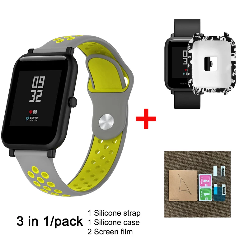 Style 10 3 в 1 для Xiaomi Huami Amazfit Bip Молодежные умные часы, аксессуары для Xiaomi Amazfit, ремешок для часов, силиконовый чехол, защитная пленка - Цвет: Style 10