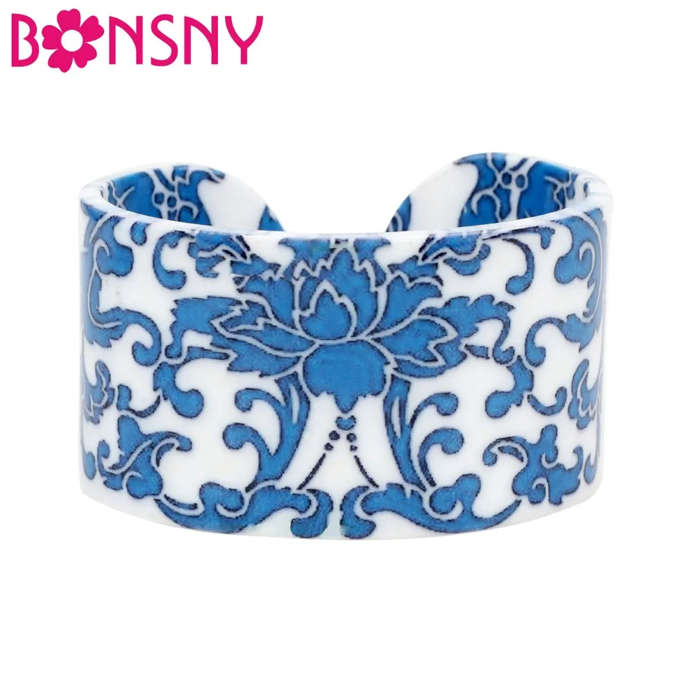 

Bonsny Plastic Chinese Blue And White Porcelain Pattern Bangles Bracelets Novelty Ethnic Jewelry For Women Girl Ladies Gift Bulk