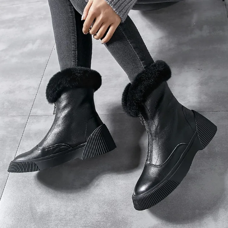 GPOKHDS women snow boots cow leather zippers winter warm wool blend round toe high heels boots