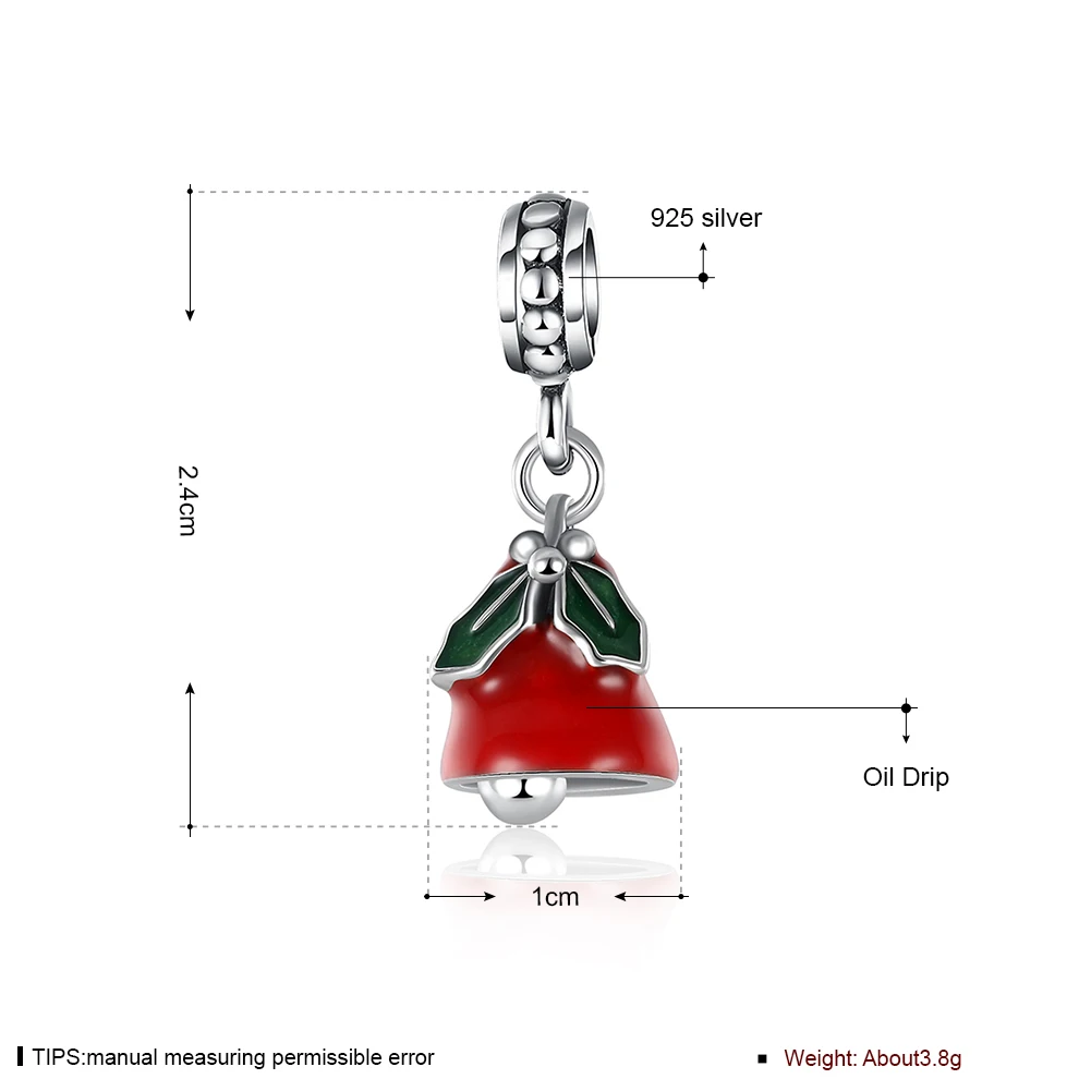 Чистый стерлингового серебра 925 пробы Рождество красной эмалью Bells мотаться