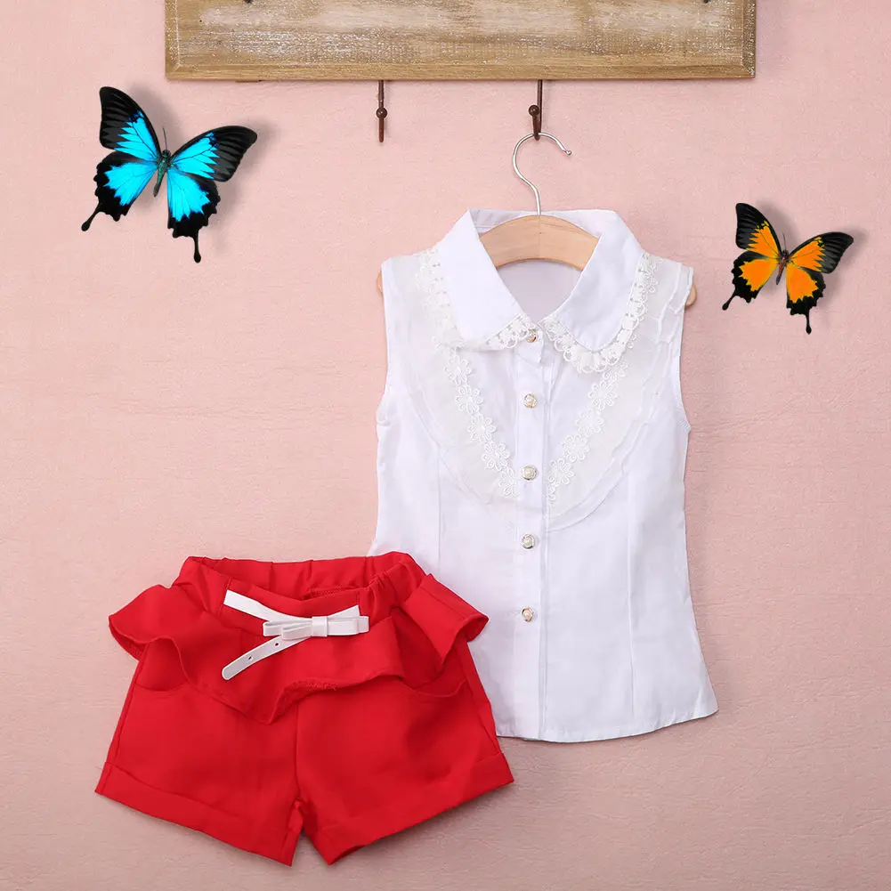 Кружевной топ без рукавов для маленьких девочек рубашка + короткие штаны